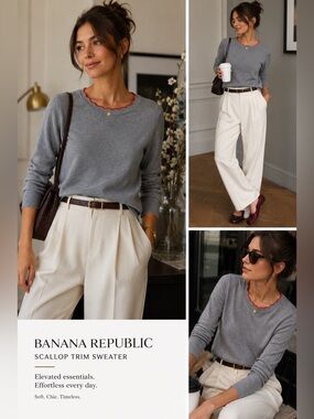Banana Republic Gray Scallop Trim Sweater Small Red Contrast Neckline Size Small